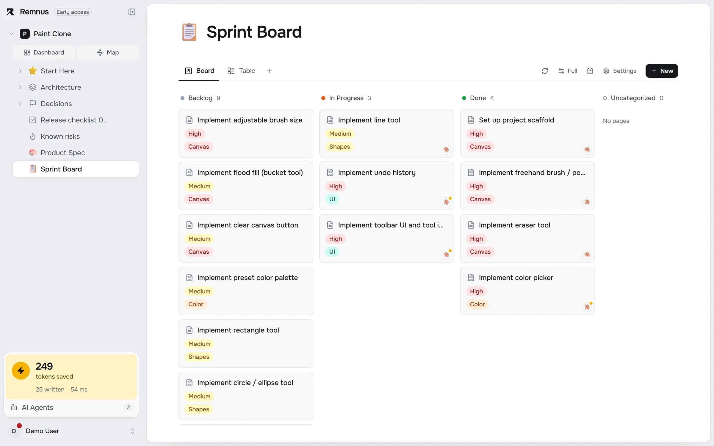 Remnus desktop app showing a sprint board
