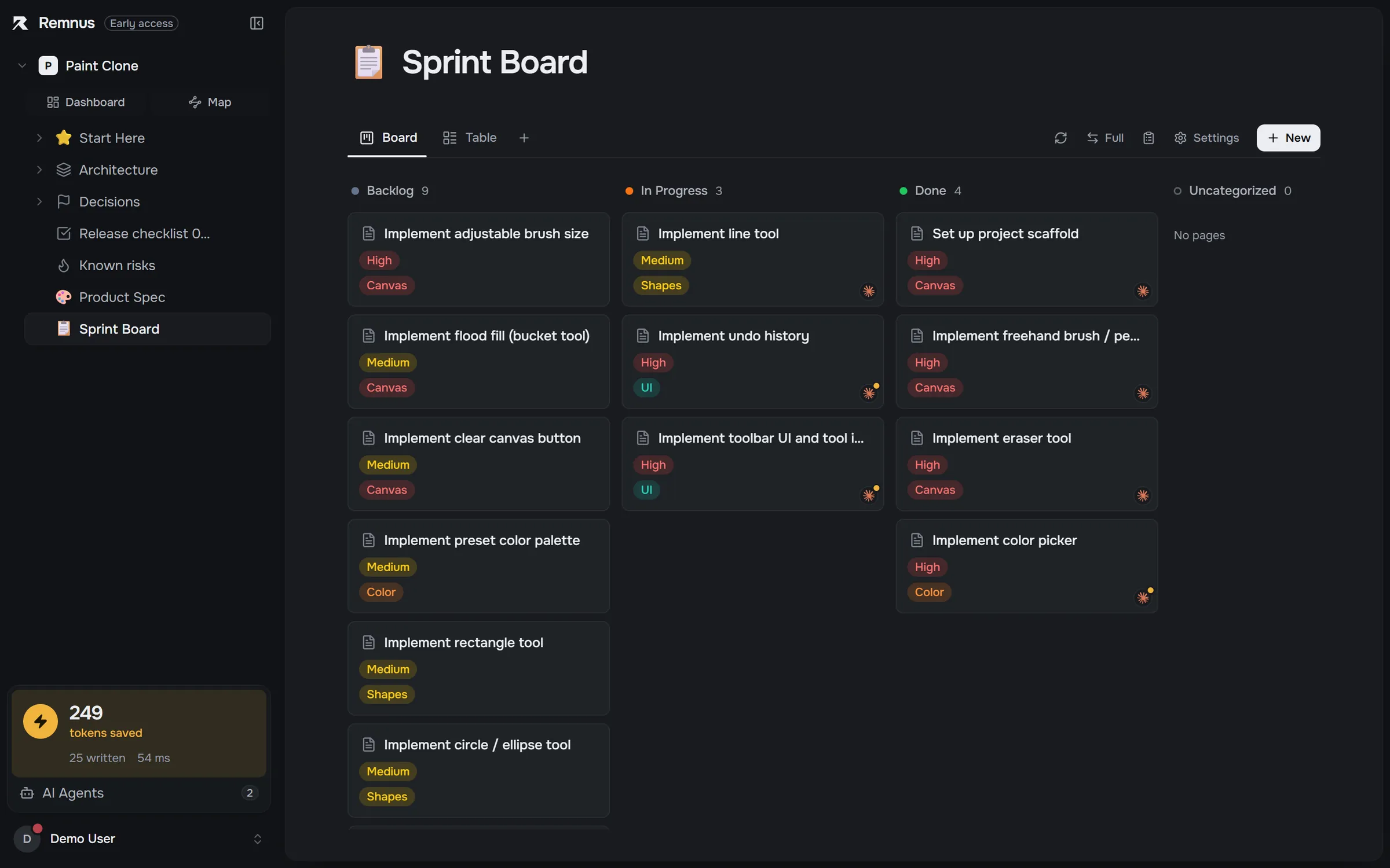 Remnus desktop app showing a sprint board