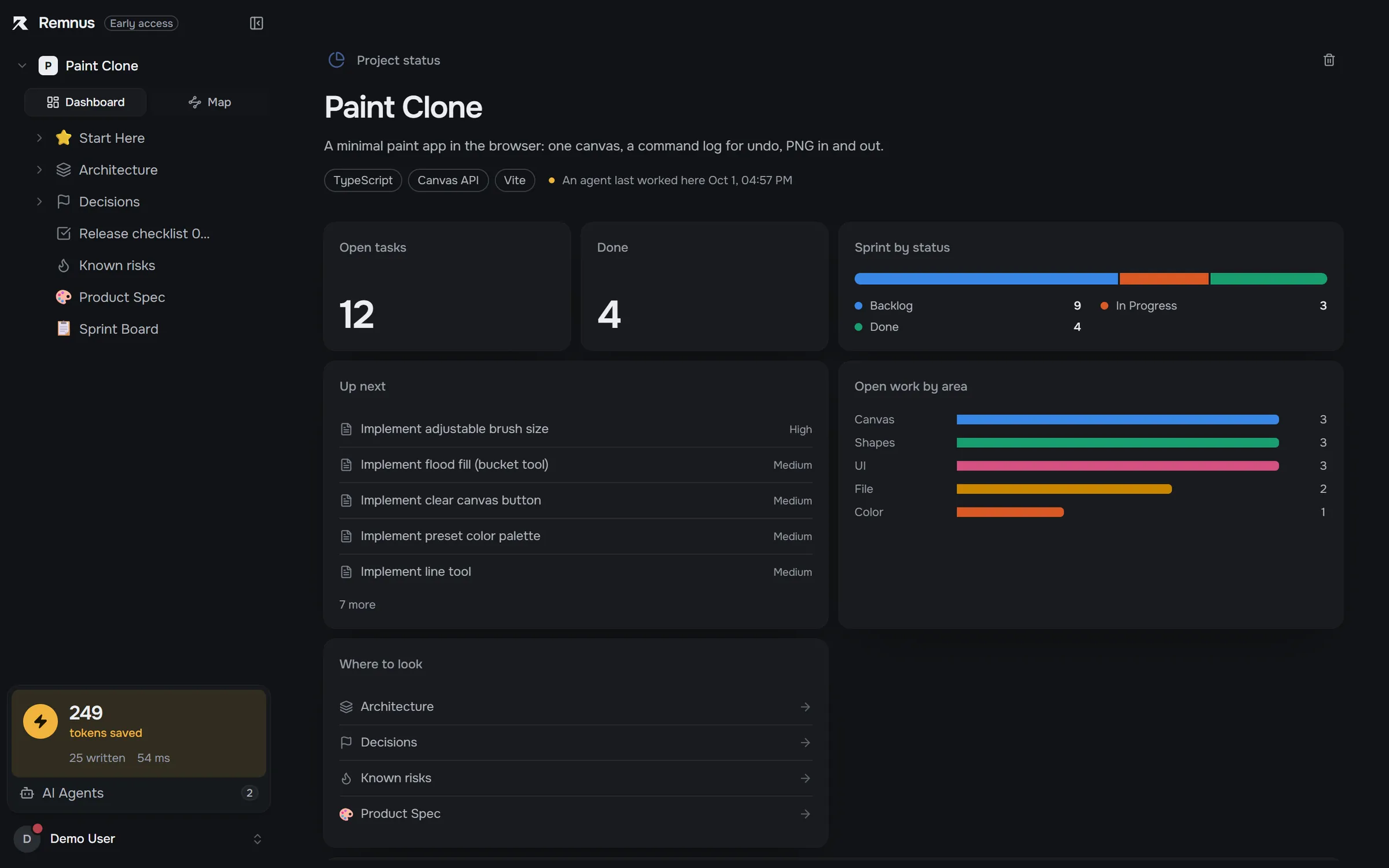 Remnus dashboard of a paint app project with open and done tasks, the status mix and what is up next