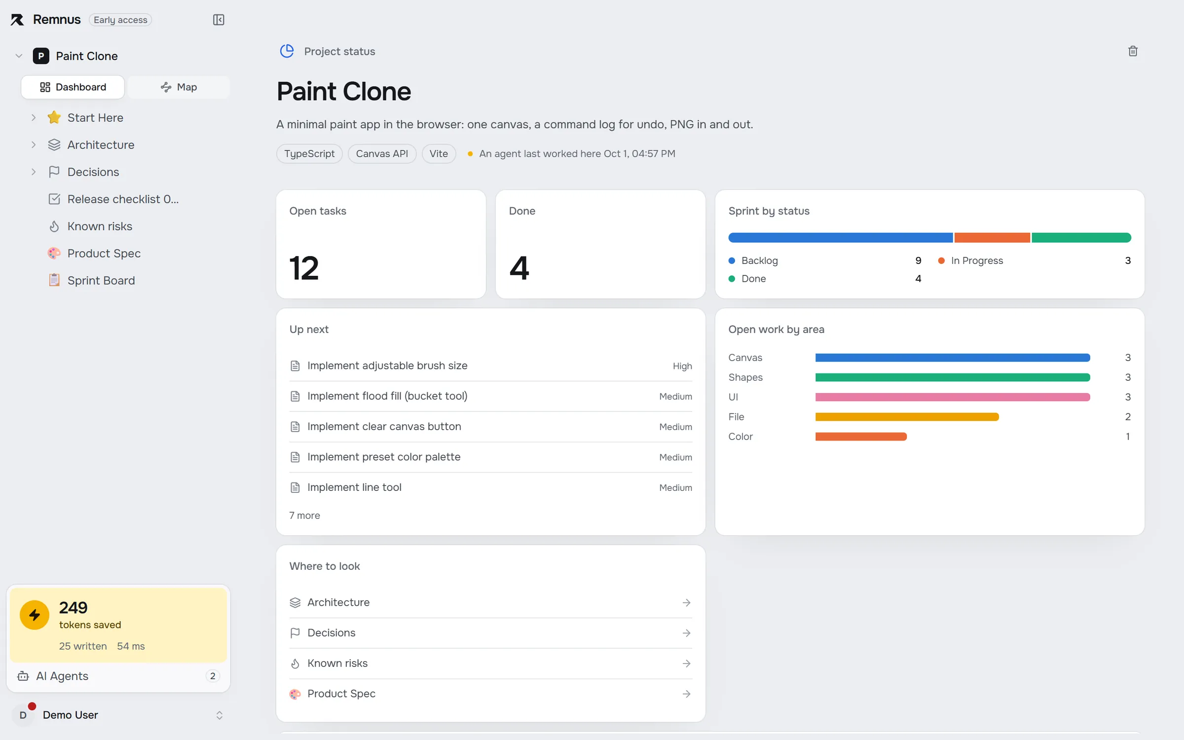 Remnus dashboard of a paint app project with open and done tasks, the status mix and what is up next